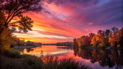 Fototapeta premium Stunning autumn sunset reflecting on tranquil lake, vibrant colors painting the sky in a breathtaking display of natural beauty and serenity