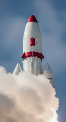 White and red rocket launching, surrounded by white smoke against a blue sky, showcasing space exploration, technological advancement and ambition