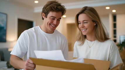 Parents unboxing and assembling baby furniture while checking instructions emphasizing preparation teamwork and organized setup for the newborn’s arrival. three quarter wide