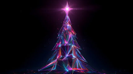 Futuristic prism-like neon Christmas tree glowing with star on top
