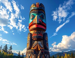 Colorful totem pole against a vibrant sky