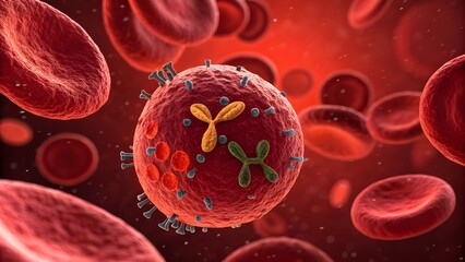 Engaging virus cell with red blood cells for medical research and science projects, illustrating infectious diseases and healthcare solutions
