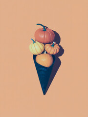 A creative composition of pumpkins stacked in a dark cone on a peach colored background surface