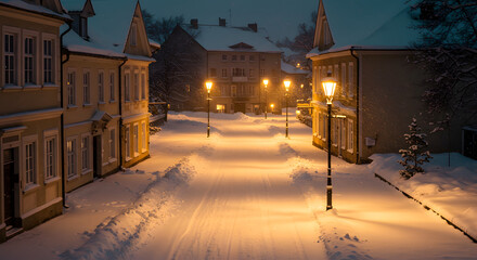 street at night with snow winter