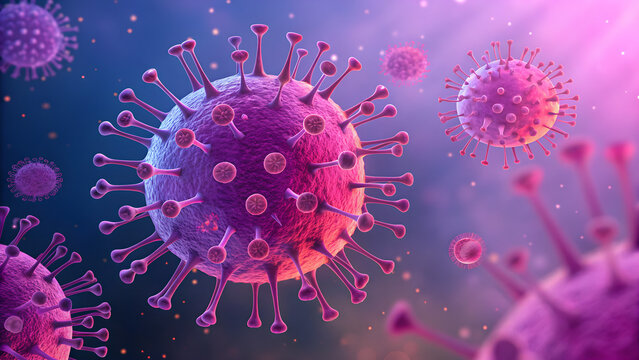Detailed 3D rendering of contagious virus cells floating to illustrate medical science, health crisis, microbiology and virology concepts