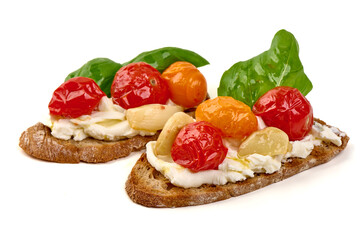 Bruschetta with Tomato, Basil and Mozzarella, isolated on white background