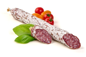Salami, Tomatoes, Basil, Food Ingredients, isolated on white background