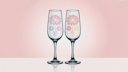 Two champagne glasses with firework designs against a light pink background studio shot
