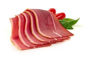 Sliced Prosciutto, Tomatoes, Basil, isolated on white background