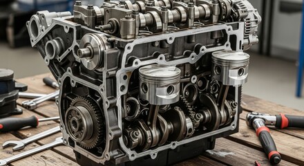 Disassembled Car Engine Block During Repair.
