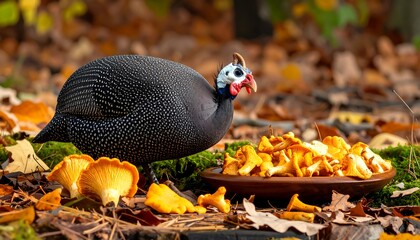 Guinea fowl and mushrooms in autumn leaves