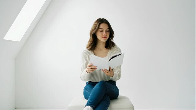 Young woman casually reading a book with changing leg positions on a white chair, a simple and bright educational concept footage.