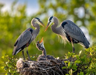 Fototapeta premium Two adult herons feed their young in a large nest