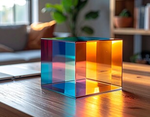 Colorful transparent cube on wooden table