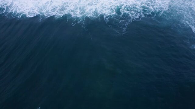 Aerial flying drone top view of huge and slow Atlantic ocean waves crashing over rocky coast at Farol da Nazar&eacute; in Nazare, 4K aerial video. Moody February day in Portugal.