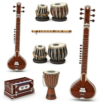 Collection of Traditional Indian Classical Musical Instruments.