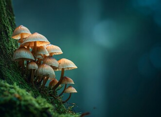 Vibrant mushrooms flourish on a mossy tree trunk, a captivating natural scene showcasing the beauty of forest growth and intricate life cycles, perfect for nature and ecological themes.