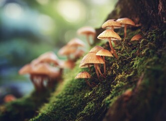Fototapeta premium Vibrant mushrooms flourish on damp, mossy tree trunk, a miniature forest ecosystem teeming with life in a tranquil woodland setting, perfect for nature and growth themes
