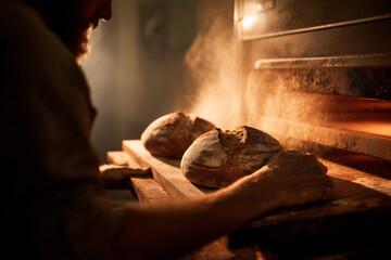 Baker pulls fresh loaves from the oven in warm, golden kitchen light