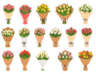 Colorful tulip bouquets in craft paper