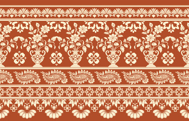 floral pattern vintage ethnic modern embroidery texture boho design vector illustration hand drawn pink flower motif branches leaves wallpaper seamless background border.