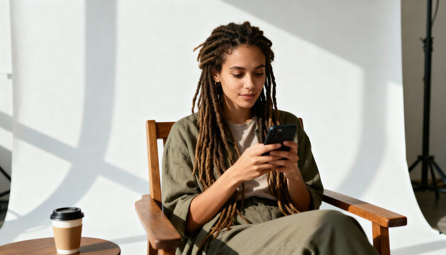 Young woman with dreadlocks using smartphone in modern studio, natural light, casual outfit, wooden chair, coffee cup on side table, digital lifestyle concept - Powered by Adobe