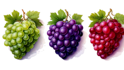 Set of three colorful grape clusters with leaves isolated on transparent background