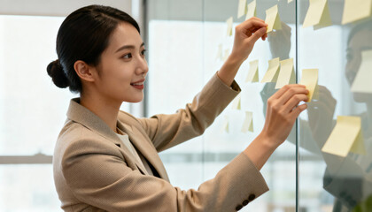 Young female entrepreneur placing yellow sticky notes on glass wall in modern office, creative business brainstorming, workflow planning, teamwork and organization concept