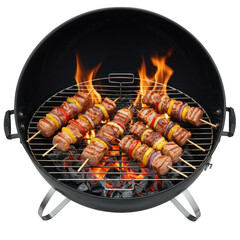 Grilled meat skewers on a charcoal grill isolated on transparent background