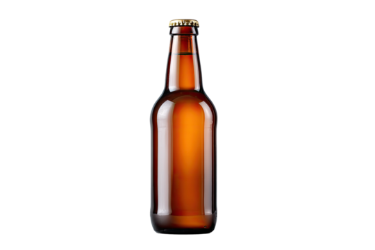 A brown glass beer bottle, closed with a cap