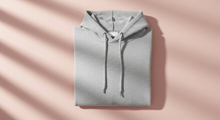 A clean, grey folded hoodie lies flat on a soft pink background, bathed in natural light with subtle shadows. This minimalist, top-down shot offers a perfect apparel mockup opportunity for fashion