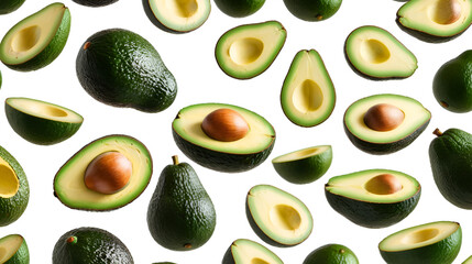 Falling identical avocado slices floating in the air isolated on white background