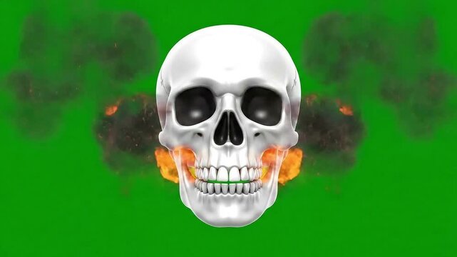 Animated skull emoji breathing flames on a transparent green screen, ideal for Halloween edits.
