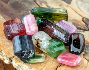 Colorful tumbled gemstones on wood