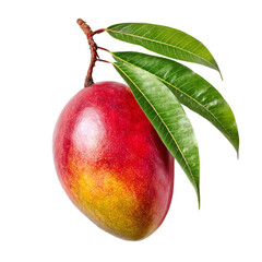 Png of fresh and ripe mango fruit with green leaves isolated on transparent background, a tropical delight for healthy eating