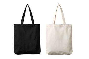 Two blank canvas tote bags, black and cream