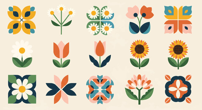 A vibrant collection of stylized, geometric flowers and floral patterns inspired by folk art and mid-century design.