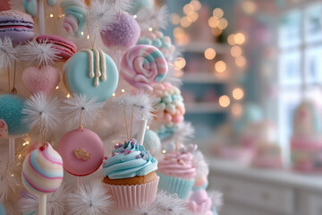 Whimsical pastel Christmas tree adorned with delightful sweet treats