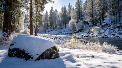 Snowy riverbank landscape with tranquil waters and frosted trees