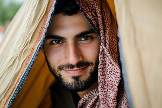 AI image of handsome man with confident smile and draped fabric headdress fashion portrait