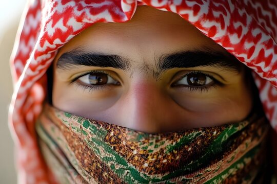 AI image Man in traditional keffiyeh headwear, detail shot emphasizing the eyes conveys cultural