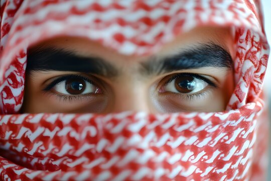 AI image: Captivating gaze of a man in traditional red and white Keffiyeh headdress eyes conveying