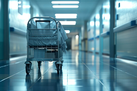 Laundry cart moving down a sterile hospital corridor showcasing healthcare services and hygiene