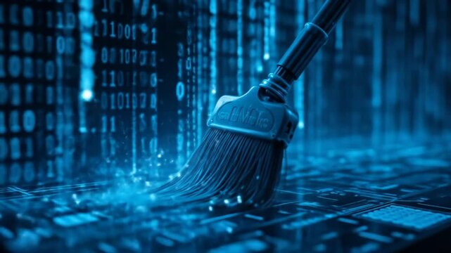 Futuristic data cleaning technology interface, sweeping blue binary code, erasing data. 4k video
