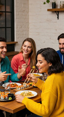 Fototapeta premium Happy friends enjoy delicious sushi and pasta at a restaurant, showcasing joyful togetherness and culinary experience