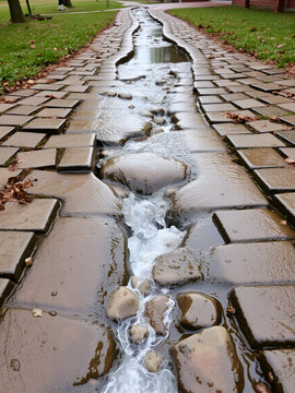 Water stream in formalised rill in pavement