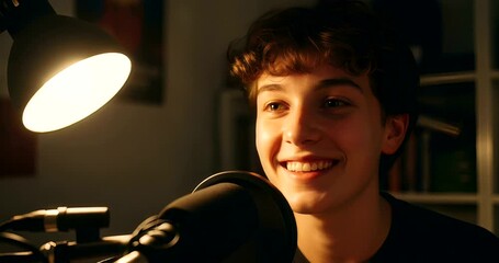 Young Man's Captivating Reactions While Speaking into Microphone for a Recording Session - Powered by Adobe