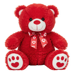 Red plush teddy bear with hearts bow isolated on transparent background