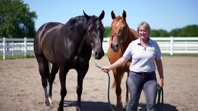 Woman leads a dark horse and a chestnut horse in an outdoor sandy paddock. horse breeding
