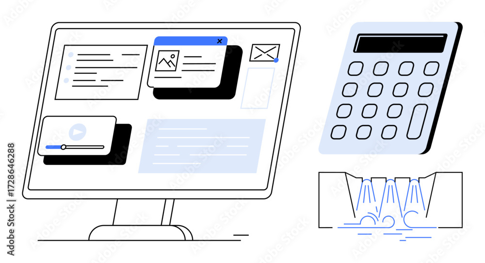 Poster computer monitor with open apps, calculator, and data visualization. ideal for automation, accountin